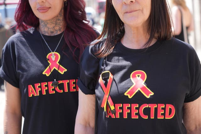 <p>Victims and campaigners outside Central Hall in Westminster, London, after the publication of the Inquiry report</p>