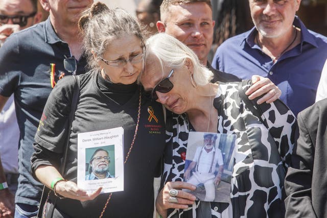 <p>Cressida Haughton and Deborah Dennis whose fathers died, outside Central Hall in Westminster (Jeff Moore/PA)</p>