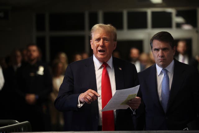 <p>Former President Donald Trump and his lawyer, Todd Blanche, arrive at Manhattan criminal court for closing arguments in Trump's criminal hush money trial in New York, on 28 May 2024</p>